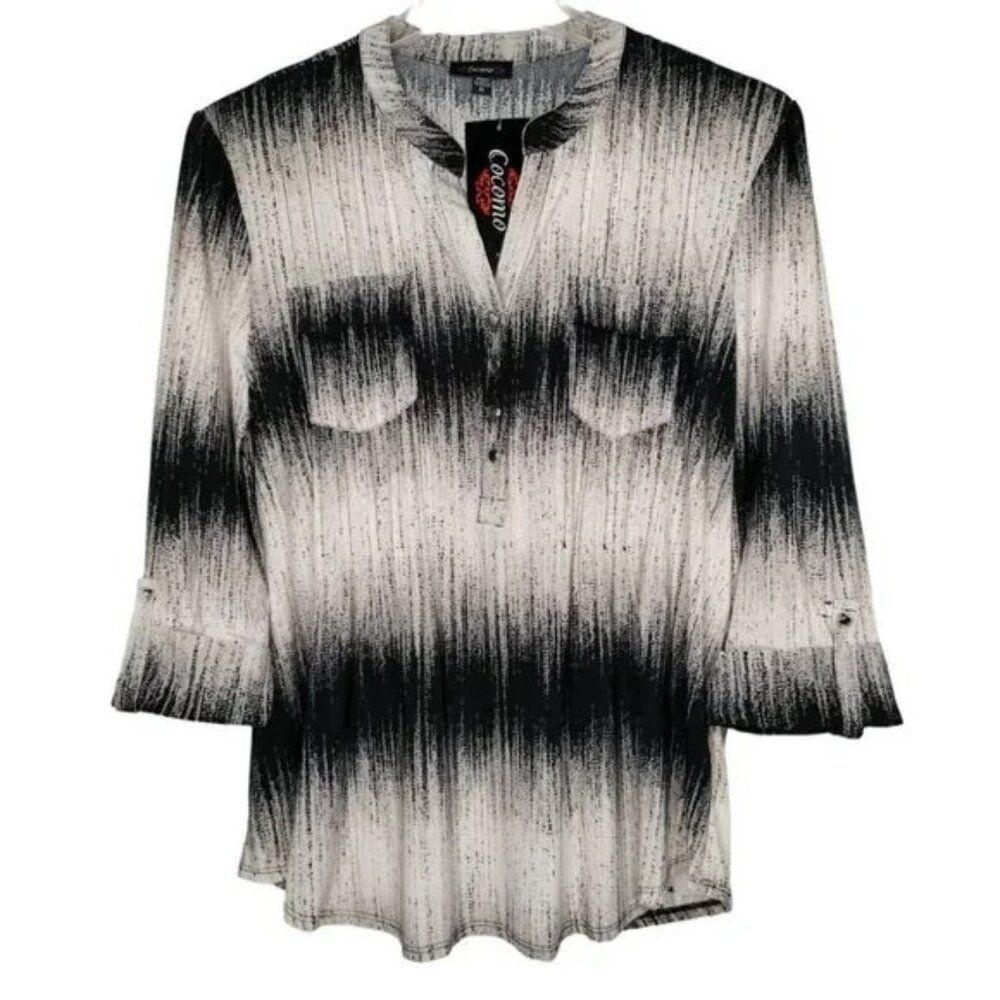 Cocomo Women's Size XL Black Ivory Multi Color Geo Print Pintuck 3/4 Sleeve Top